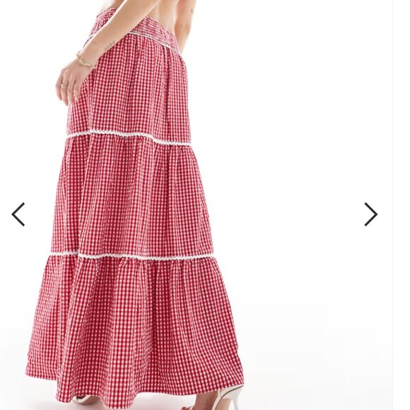 Shirred waist tiered lace trim maxi skirt in red gingham - part of a set - Picture 2 of 4